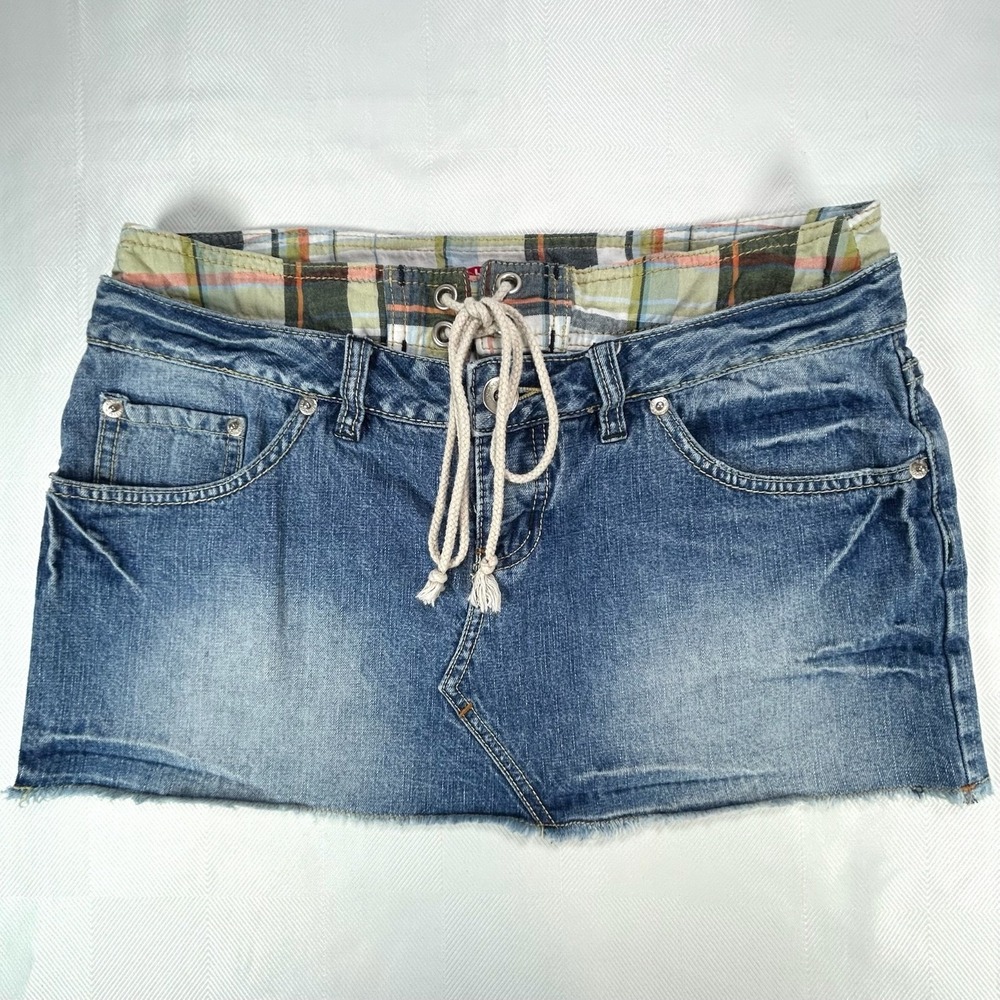 VTG Y2K UNIONBAY Denim 11" Micro Mini Skirt -Size 7 Madras Faux Waistband-Retro